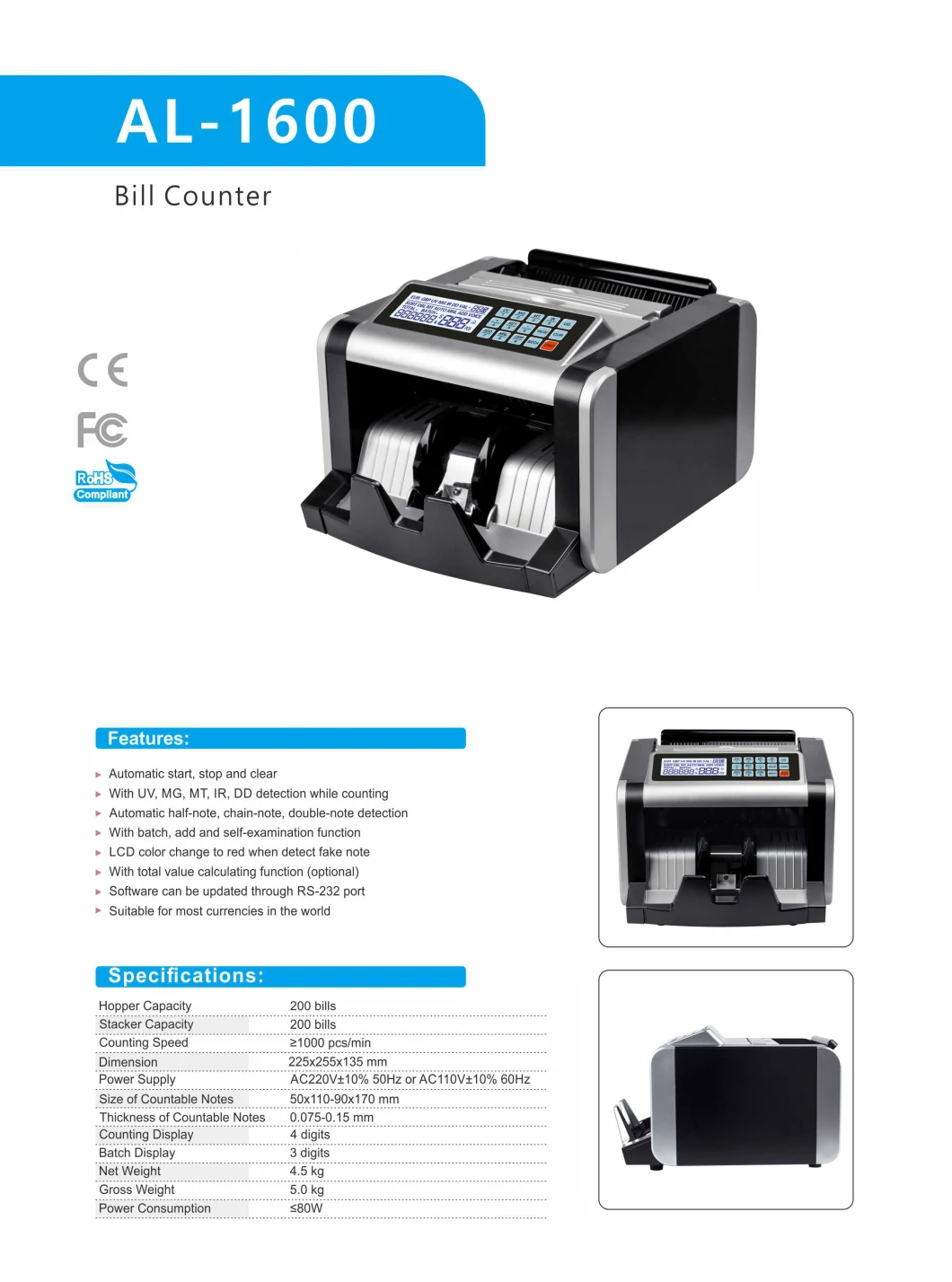 Al-1600 Fast Money Counting Bill Counter Currency Paper Counter Machine