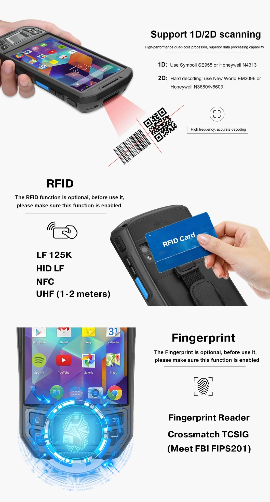 Android Handheld Biometric Portable PDA Fingerprint Reader with 1d 2D Qr Barcode Scanner for Voter Verification