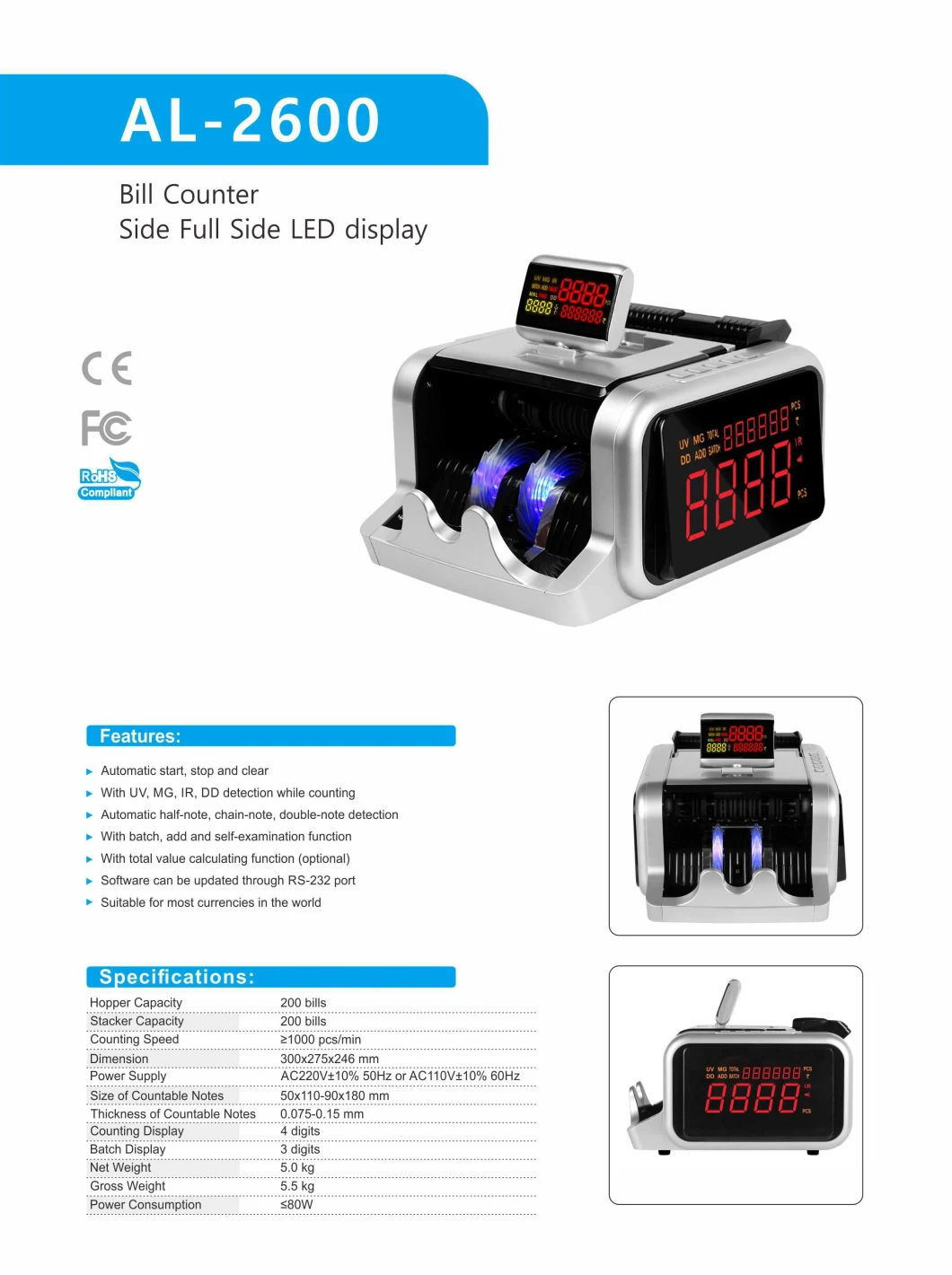 Al-2600 Portable UV Light Banknote Counting Machine Cash Sterilizer Currency Note Sanitizer