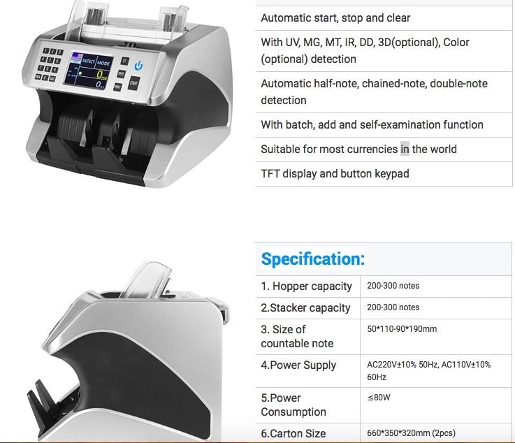 Professional Wt 185 Professional Currency Counting Money Detector Bill Counting Machine for Euro, USD