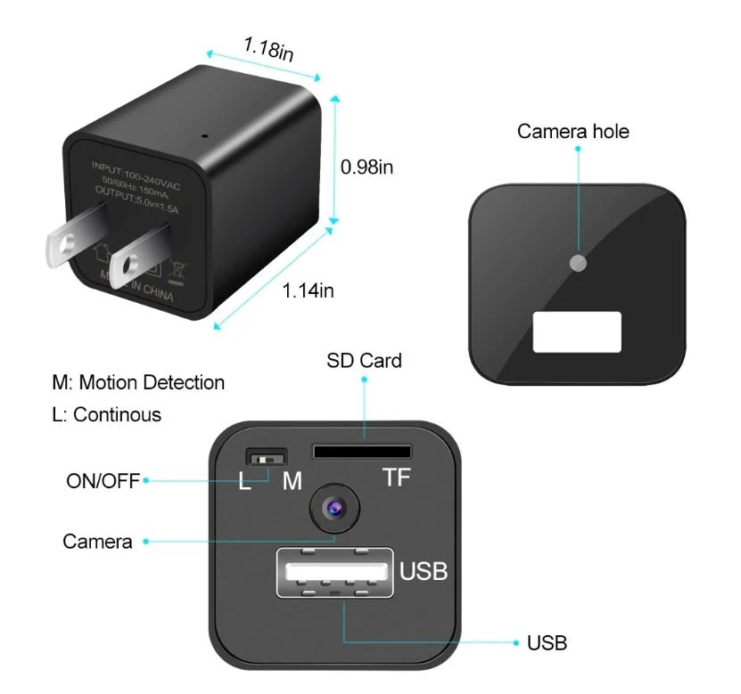 Security Camera Small USB Charger Records 1080P Full HD Video