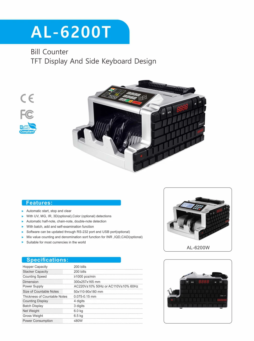 Al-6200t Money Counting Money Counting Machine Money Counting Machine Bill Counter