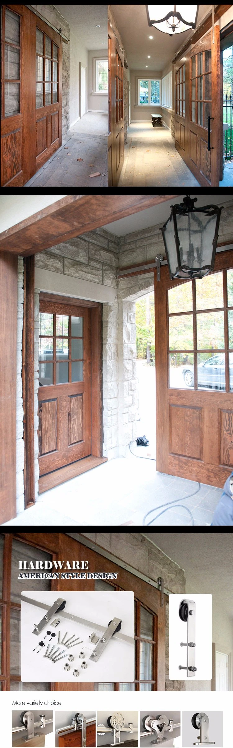 Brown Color Sliding Main Entrance Doors Design Arched Top Glass Door with Double Barn Door Hardware