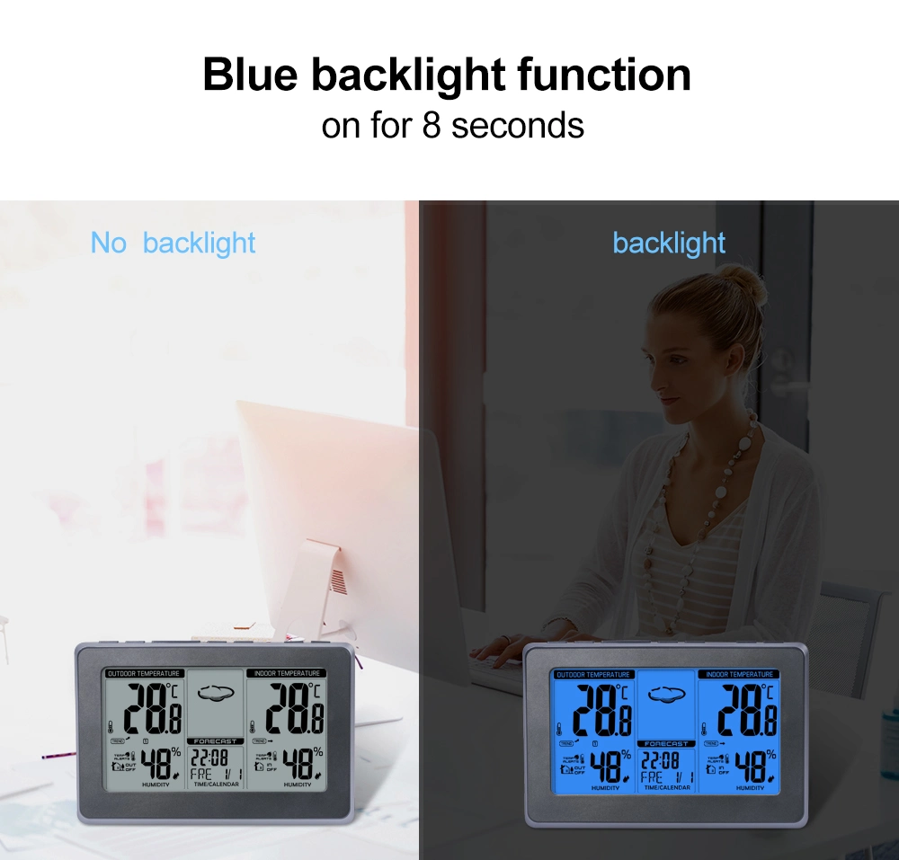 Indoor Outdoor Thermometer Blue Backlight Color Screen Humidity Weather Station Clock