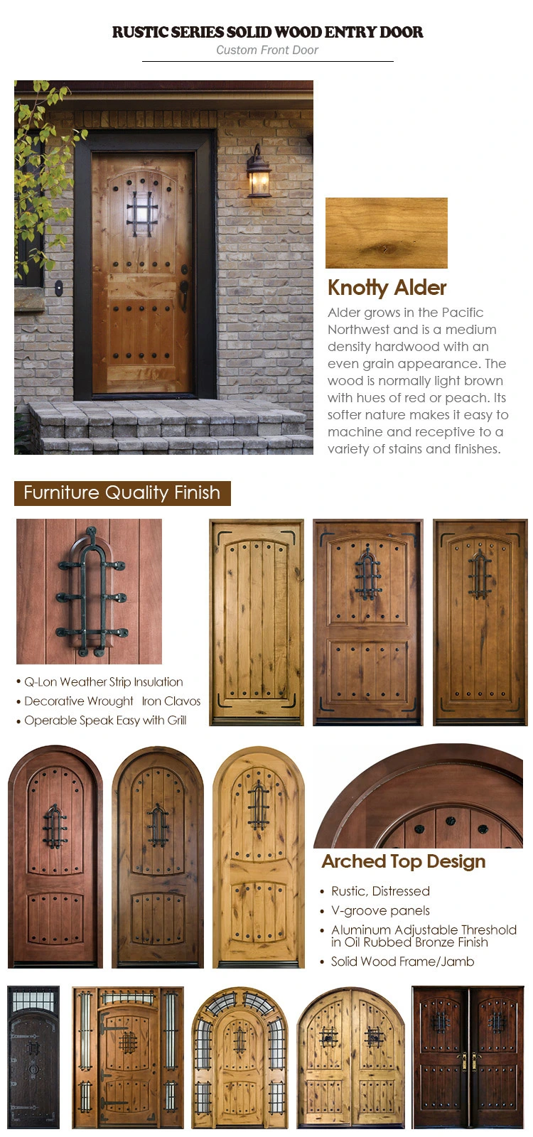 Arched Top Iron Clavos Door Design with Q-Lon Weather Strip Insulation and Solid Wood Front Door Frame