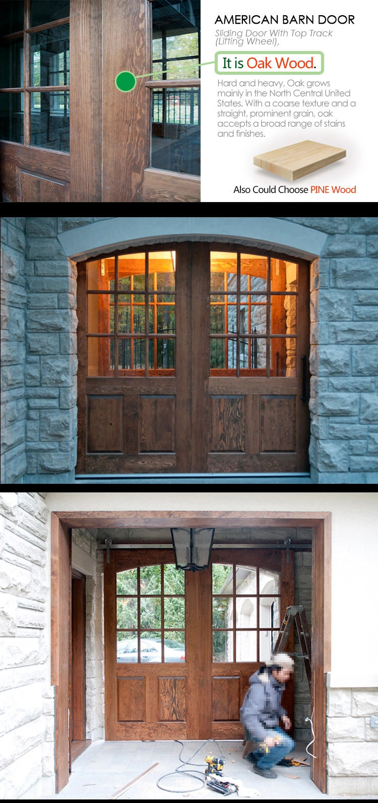 Brown Color Sliding Main Entrance Doors Design Arched Top Glass Door with Double Barn Door Hardware
