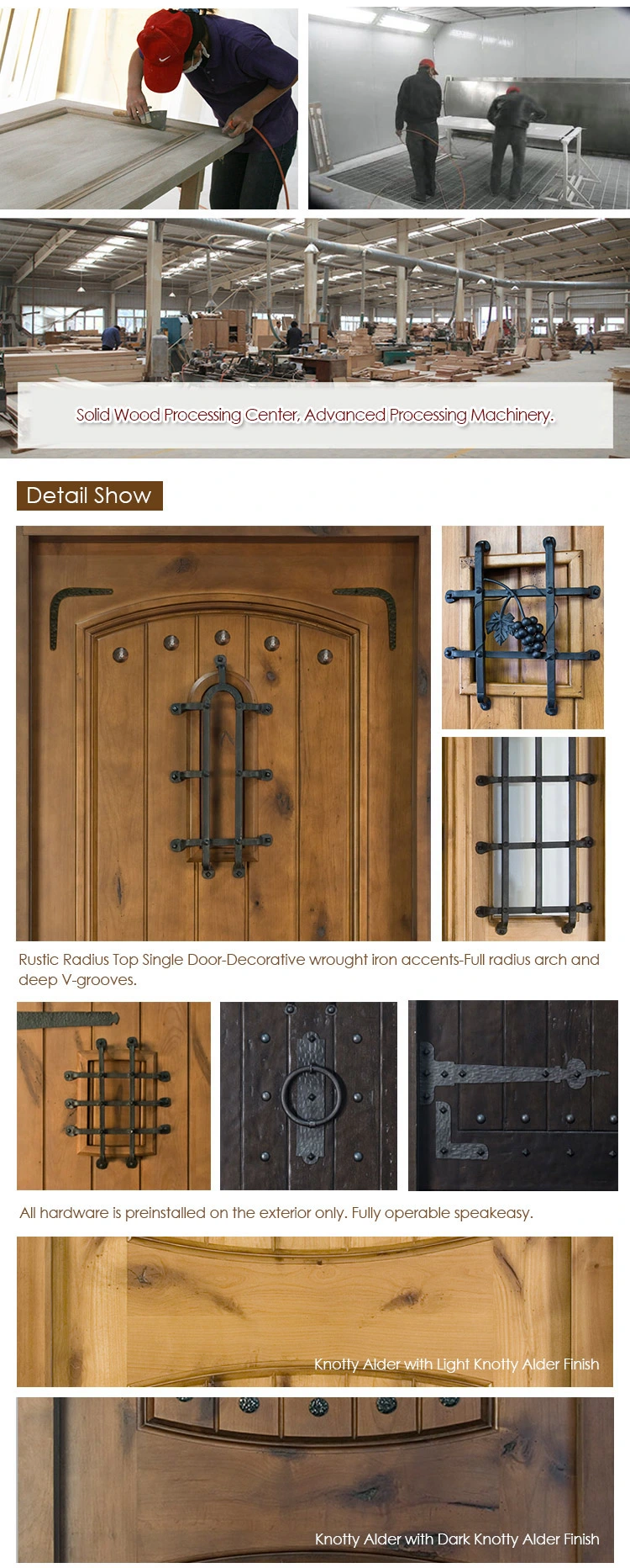 Arched Top Iron Clavos Door Design with Q-Lon Weather Strip Insulation and Solid Wood Front Door Frame