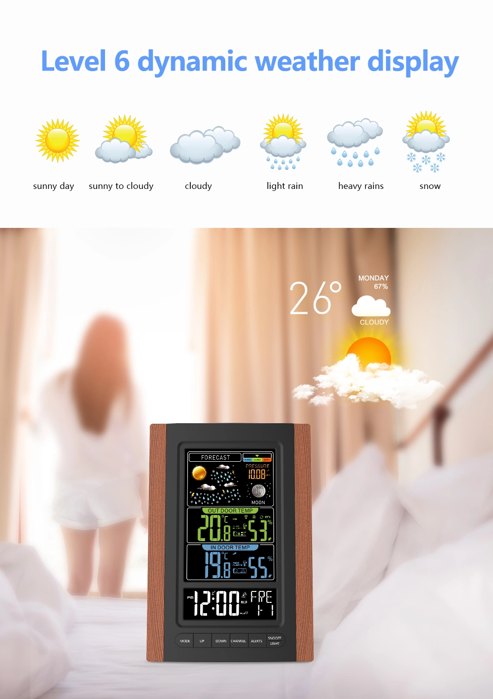 Gift Store Indoor Outdoor LCD Display Temperature Humidity Meter Digital Weather Station Clock