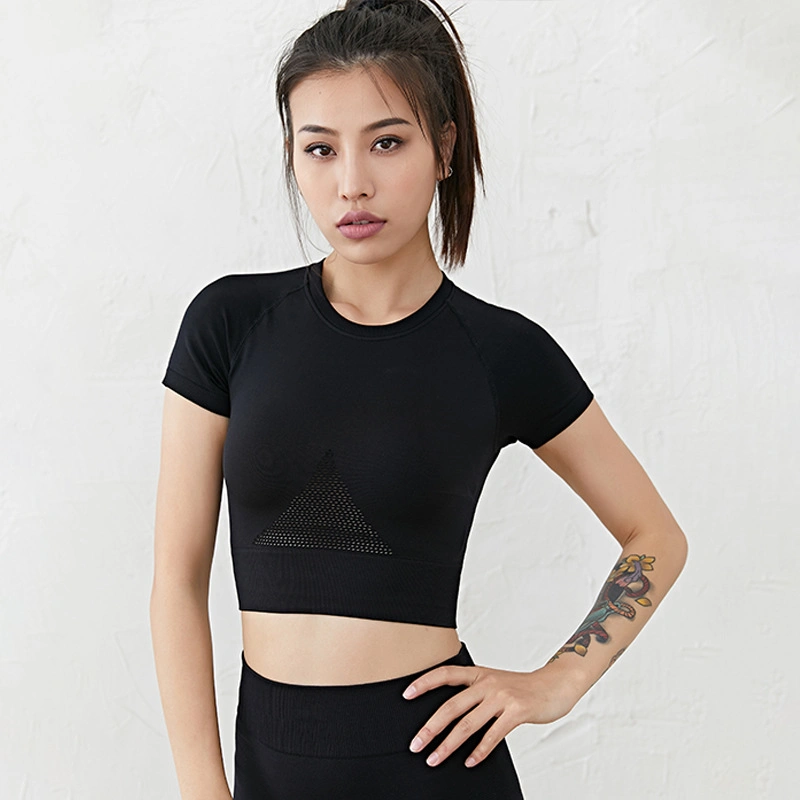 Solid Color Round Neck Crop Top Yoga Slim Fit Breathable Sports Top Activewear Short Sleeve