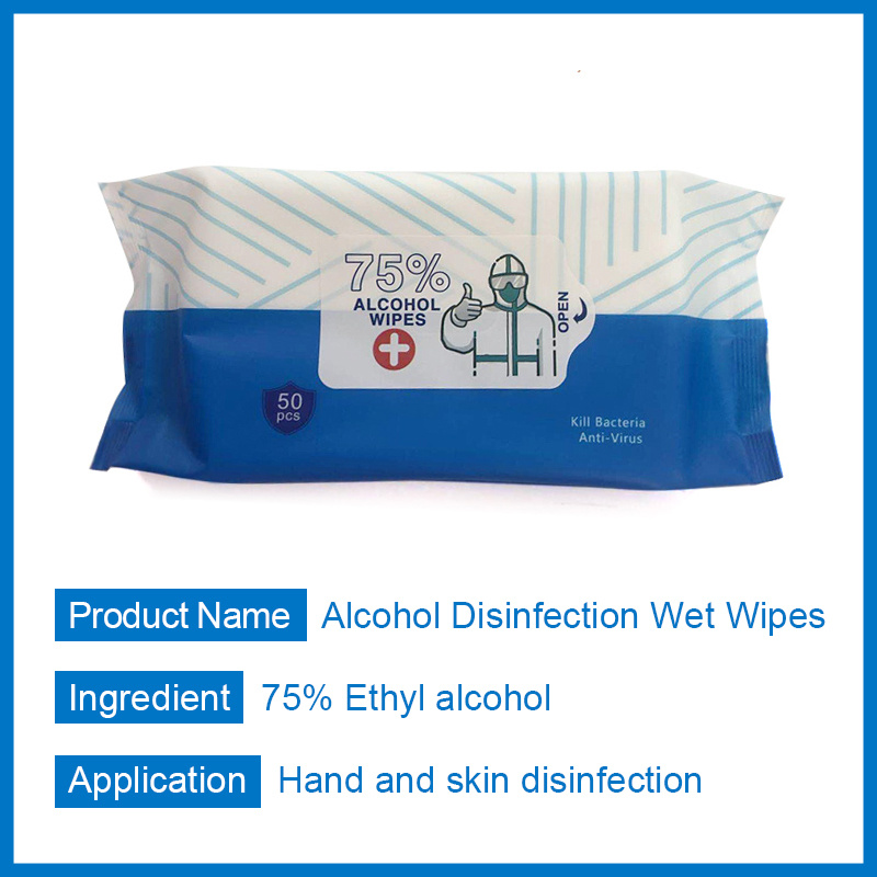 Factory Stock 75% Ethyl Alcohol Biodegradable Antibacterial Wet Wipes 50 Piece