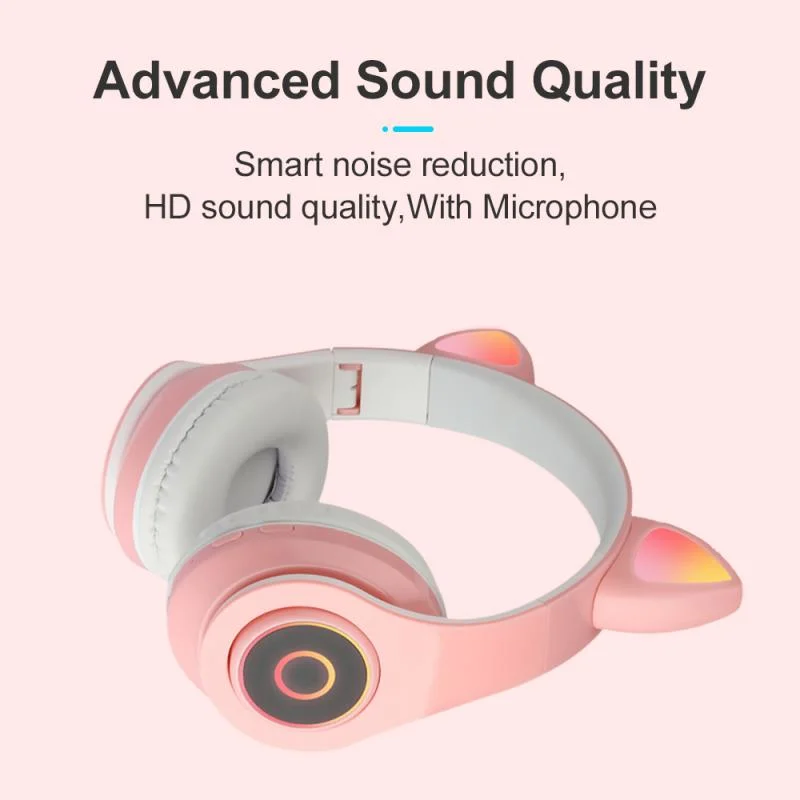 Volume Control LED Light Over Ear Earphones Headset Noise Cancelling Bt5.0 Cat Ear Wireless Headphones
