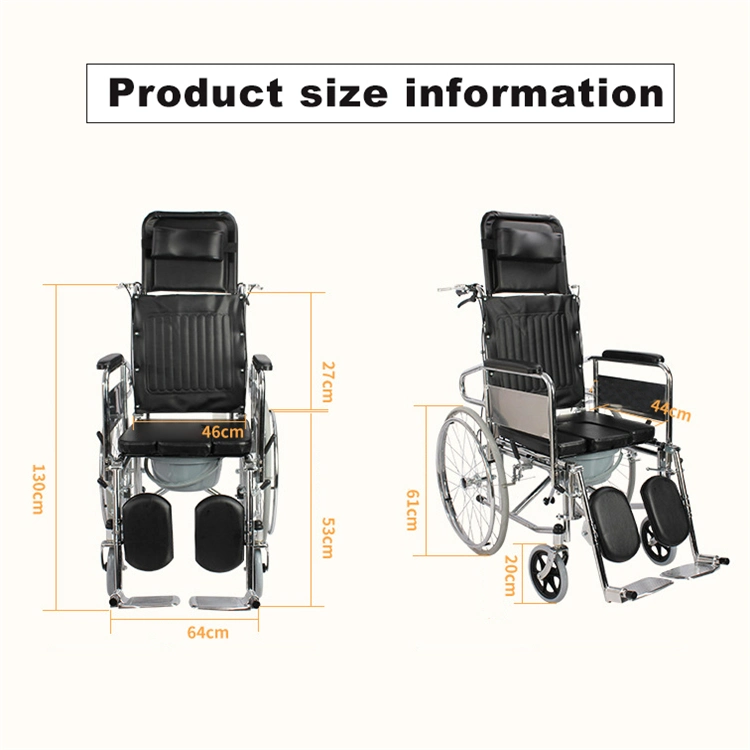 Elderly Handicapped Commode Wheelchair, Manual Wheelchair with Reclining Backrest, Wheelchairs with Bedpan
