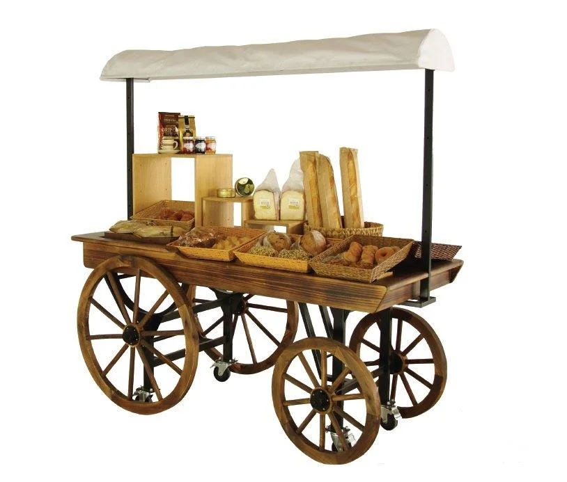 Wooden Wagon Shape Store Display Cart with Canopy