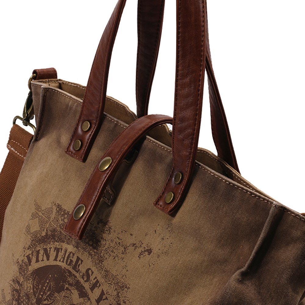 Genuine Leather and Waxed Cotton Canvas Tote Bag