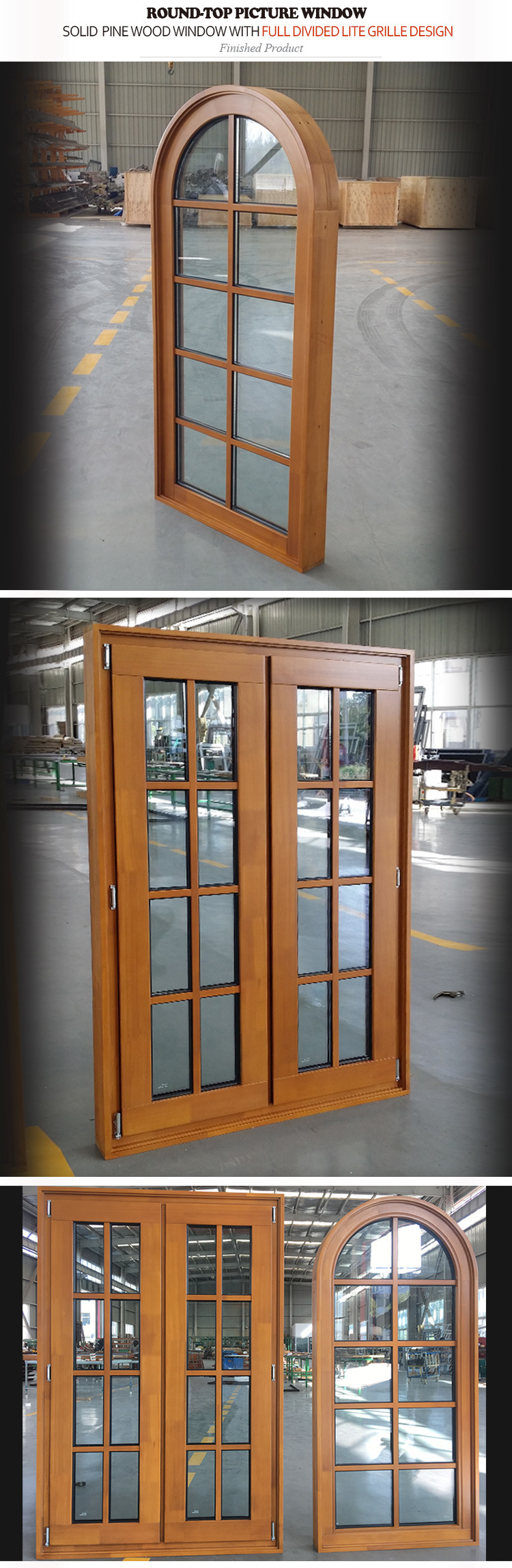 High Grade Round Top Solid Pine Wood Window with Grill Design