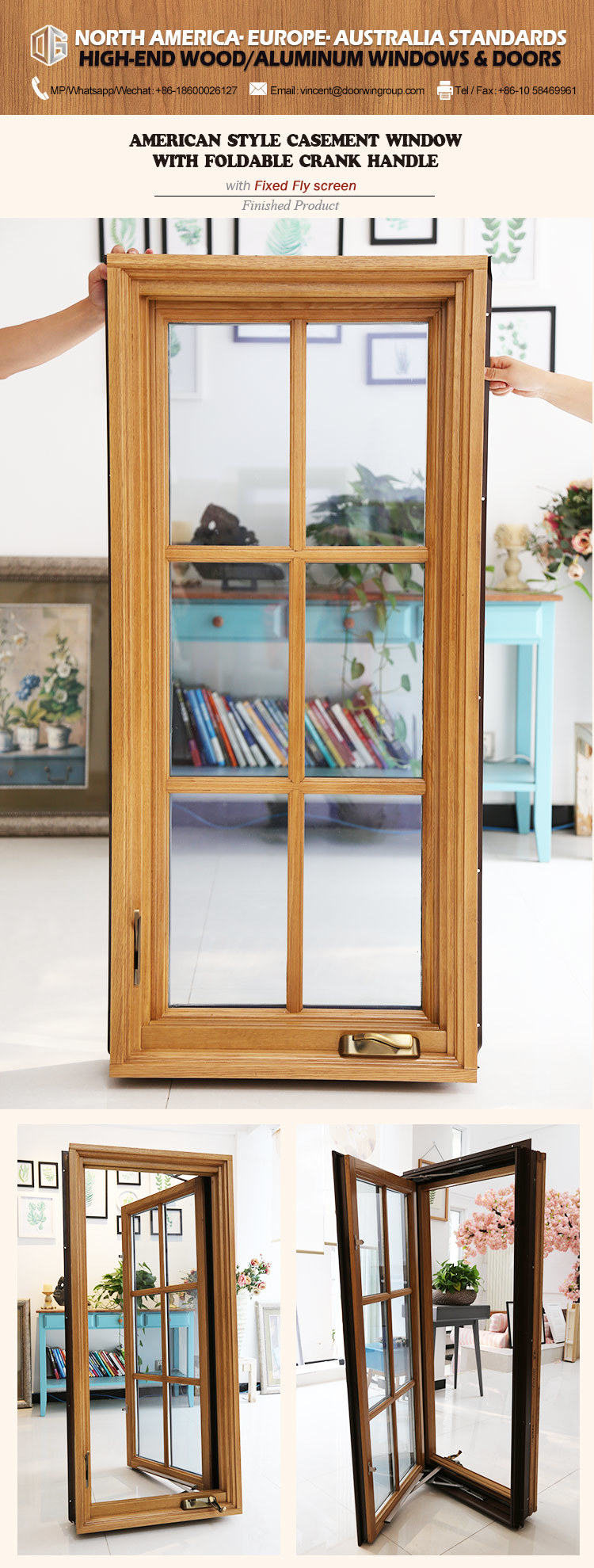 High Quality Aluminum Wood Window, Aluminum Wood Window with Beautiful Divided Light Grille
