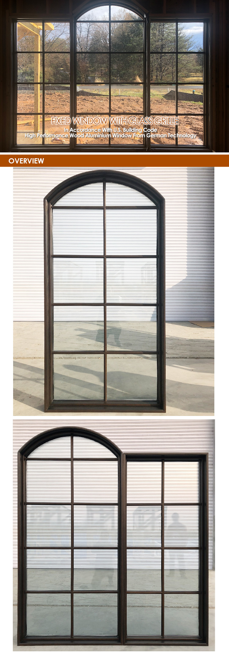 High Performance Wood Window with Aluminum Profile Triplex Grill Designed Fixed Window