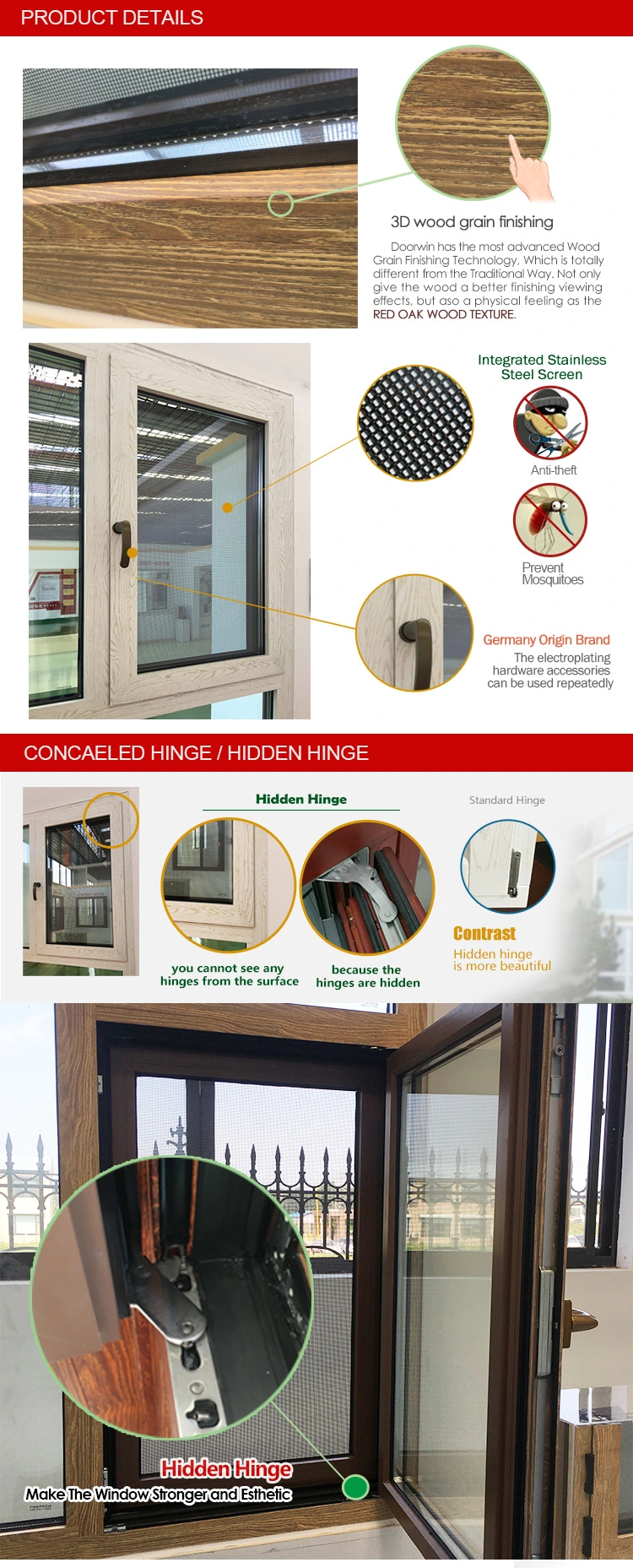 Boston Wood Grain Burglar Proof Double Glazed Aluminum Casement Tilt Turn Window with Concealed Hinge