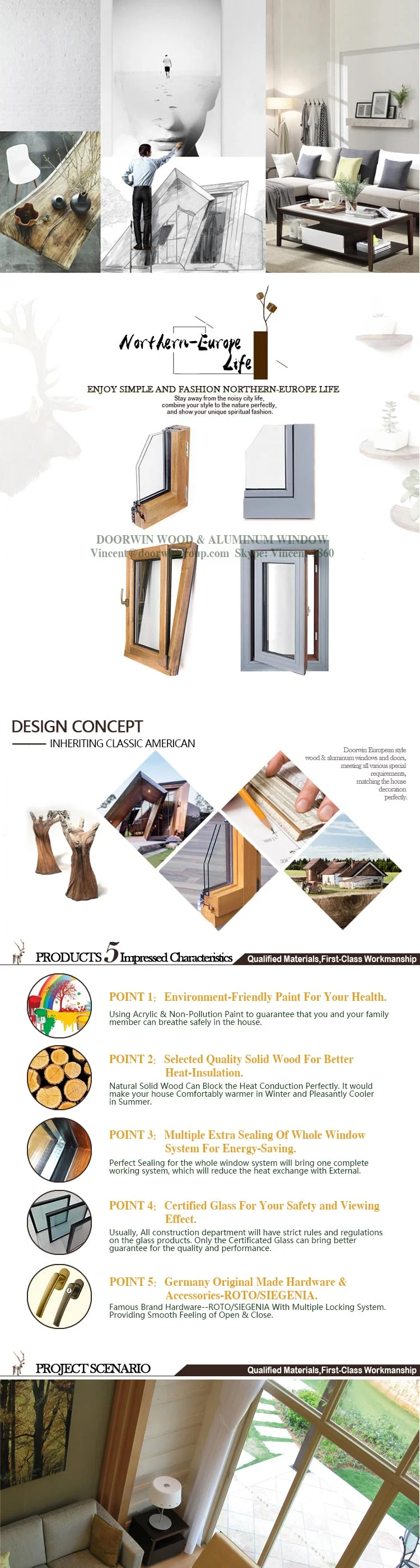 3D Red Oak Wood Grain Finishing Wood Color Casement Window, Aluminum Cladding Wood Quality Metal Window