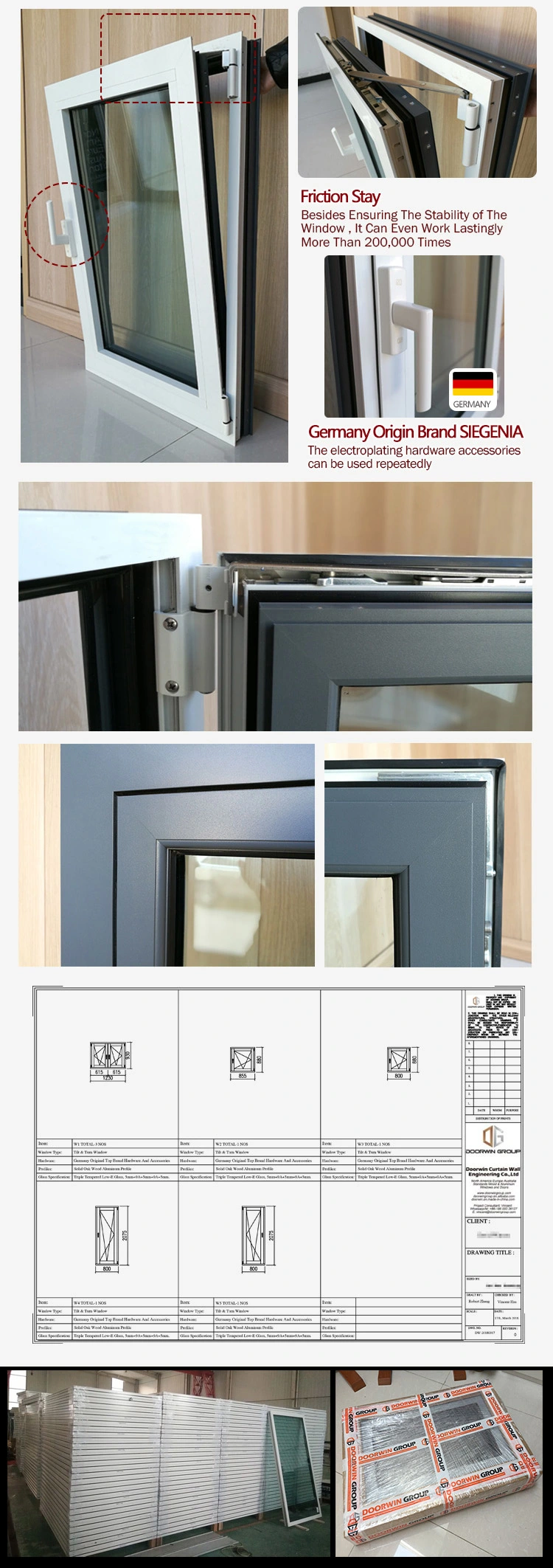 High Quality Inward Opening Thermal Break Aluminum Tilt and Turn Inswing Inward Opening Window with Double Glazing