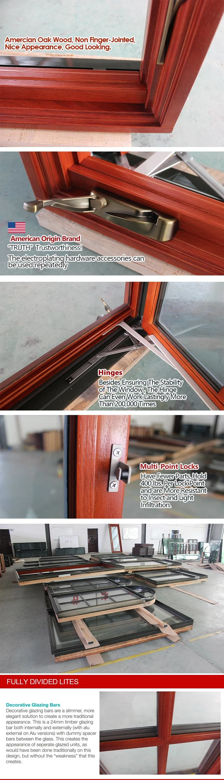 Grill Design Oak Wood Aluminum Casement Window with Round Top for Missouri Client