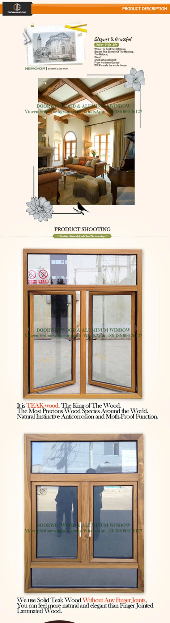 Superior Imported Good Quality Solid Wood Casement Window, Interior Wood with Exterior Aluminum Alloy Window