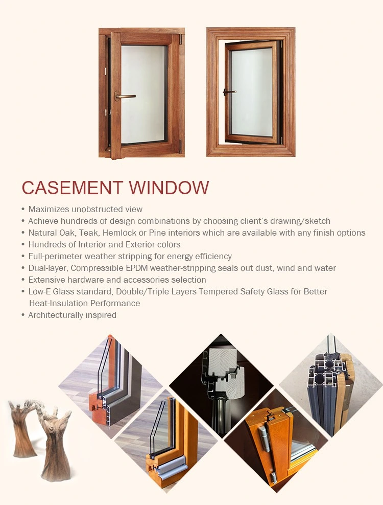 European Style Imported Solid Oak Teak Pine Cherry Wood Aluminum Casement French Window