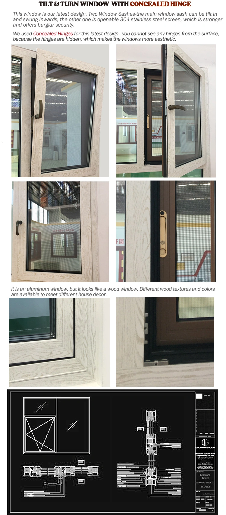 Boston Wood Grain Burglar Proof Double Glazed Aluminum Casement Tilt Turn Window with Concealed Hinge