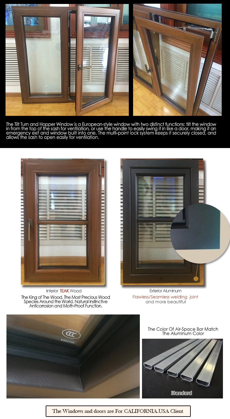Hemlock / Oak / Teak Wood Aluminum Tilt & Turn Window, Highly Praised Wood Clad Aluminum Casement Window