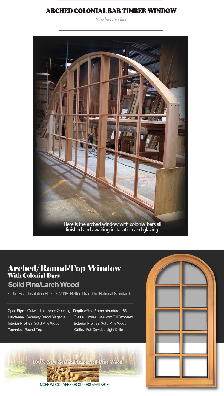 Most Popular Arched Top Wood Window Round-Top Wooden Window with Grille