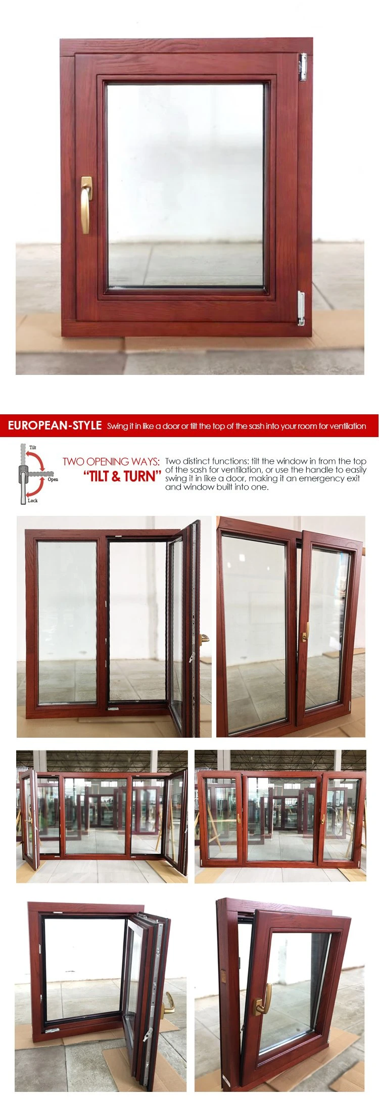 Italy Style Grill Design Wood Frame Exterior Aluminum-Wood Window Casement Window