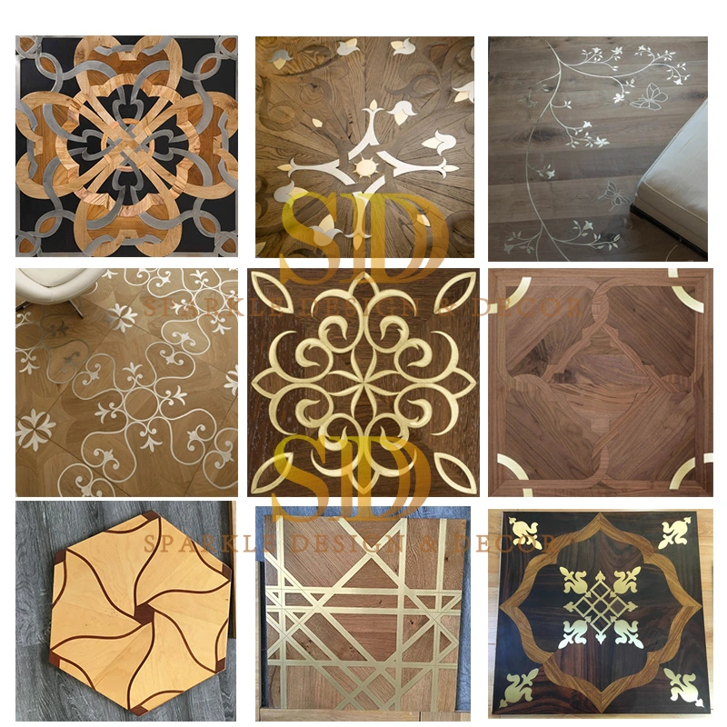 China Wood Flooring Manufacturers American Popular Design Wood/Parquet Floor with Marble Inlay and with Metal