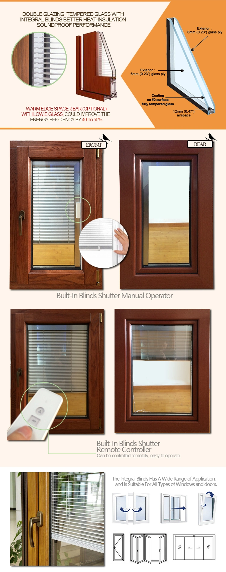 America Oak Wood Casement Window with Electrical Operated Blinds, Selected Pure Solid Wood Profiles Tilt Window