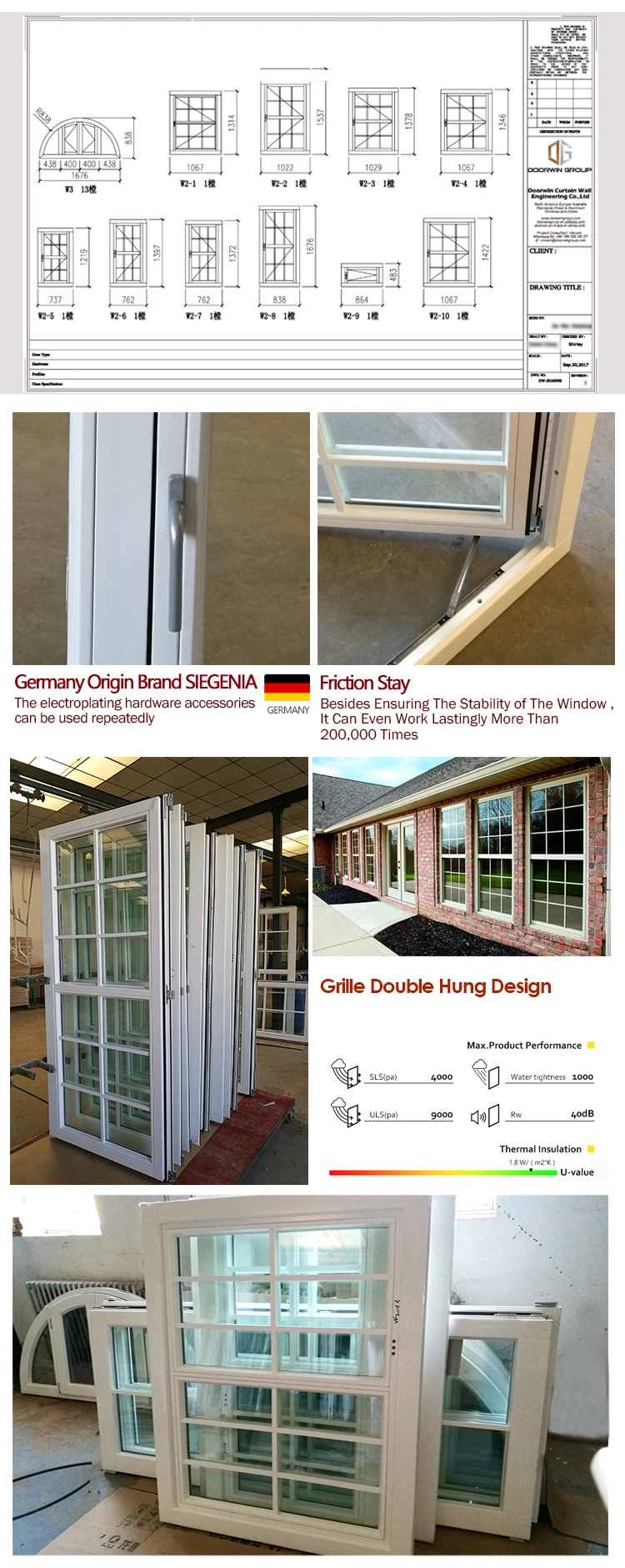 White Color Full Divided Specialty Window, European Style Solid Oak/Teak/Pine Wood Window