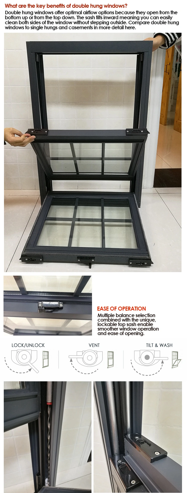 Aluminium Vertical Sliding Black Aluminum Frames Solid Wood Double Hung Window Samples of Finished Aluminium Windows