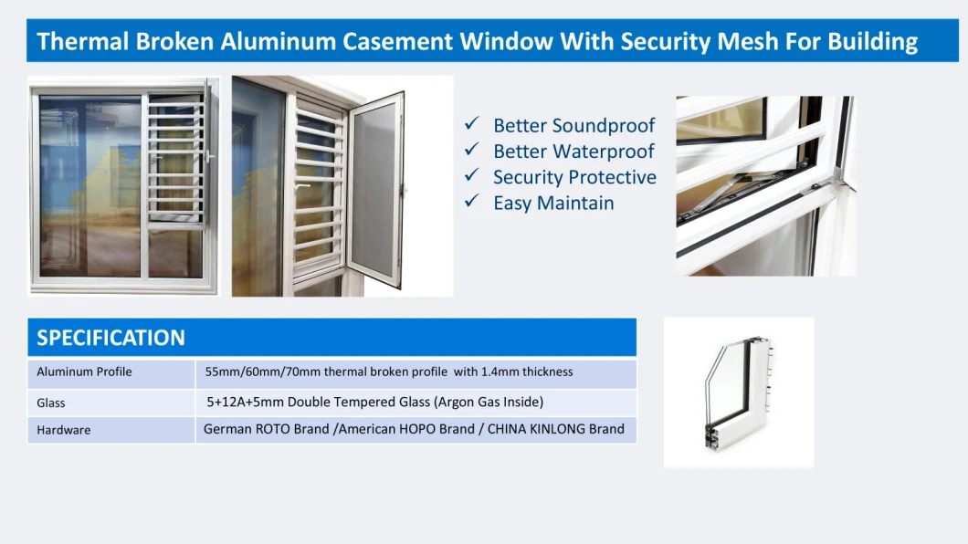 Burglar Proof Aluminum Casement Window with Stainless Steel Mesh