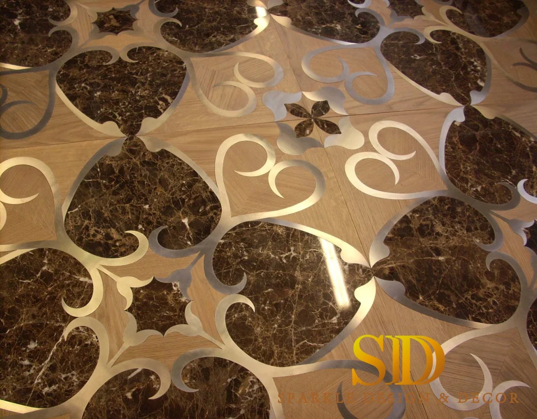 China Wood Flooring Manufacturers American Popular Design Wood/Parquet Floor with Marble Inlay and with Metal