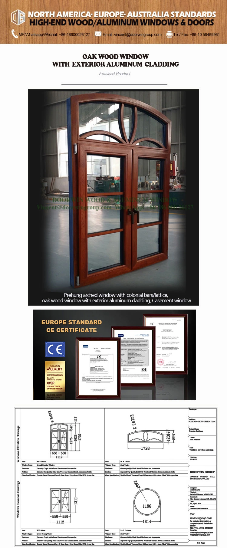 Arched Designed Oak Wood Window with Exterior Aluminum Cladding, Lattice Window Grill Design Casement Window