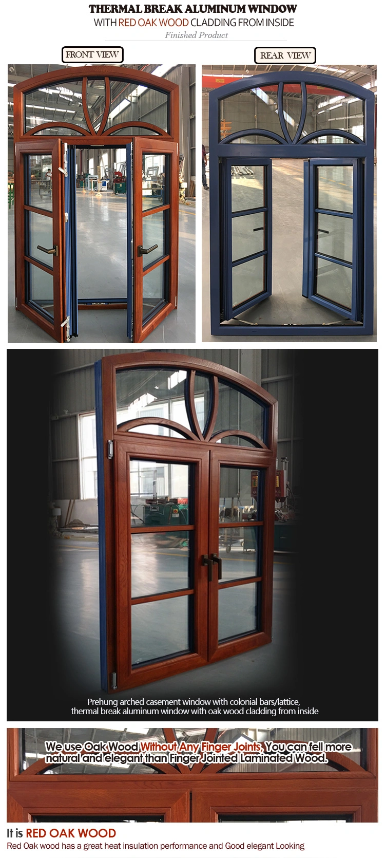 Arched Thermal Break Aluminum Window with Wood Cladding From Inside, Casement French Window with Grill Design