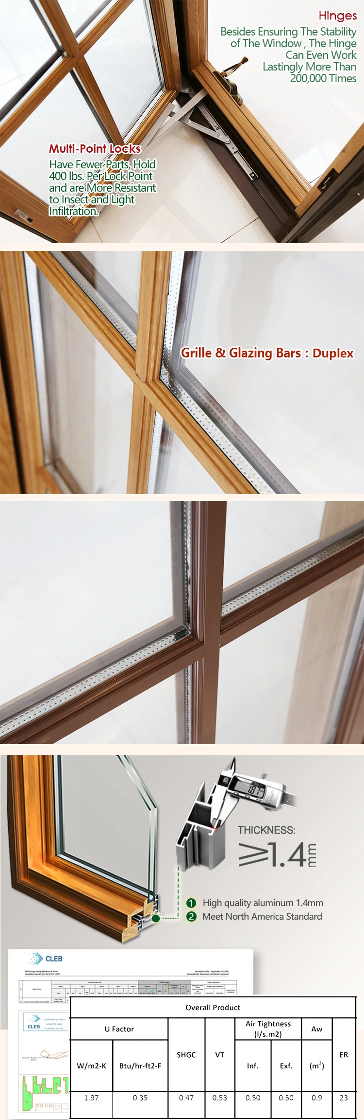 High Quality Solid Wood Casement Window with Grille Design, Perfect Aluminum Red Oaken Wood Casement Windows