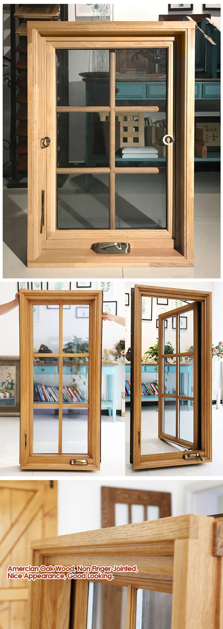 Soundproof Quality Window American Casement Window with Foldable Crank Handle Aluminum Clad Solid Oak Wood
