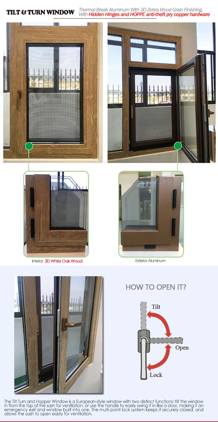 Boston Wood Grain Burglar Proof Double Glazed Aluminum Casement Tilt Turn Window with Concealed Hinge
