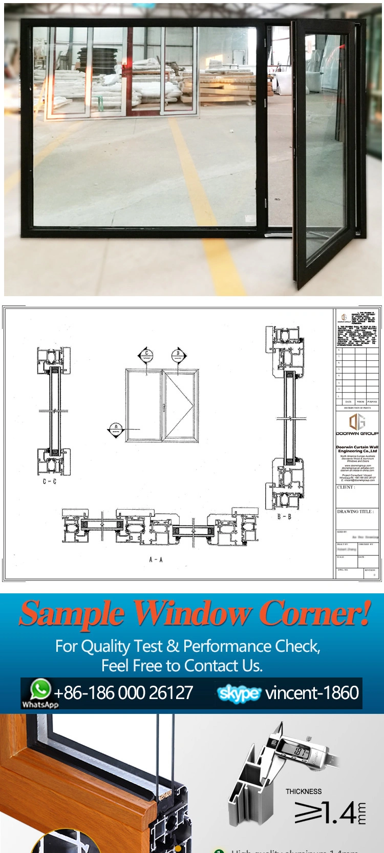 Standard American Style Wood Frame Aluminum Window, Thermal Break Aluminum with Interior Wood Cladding