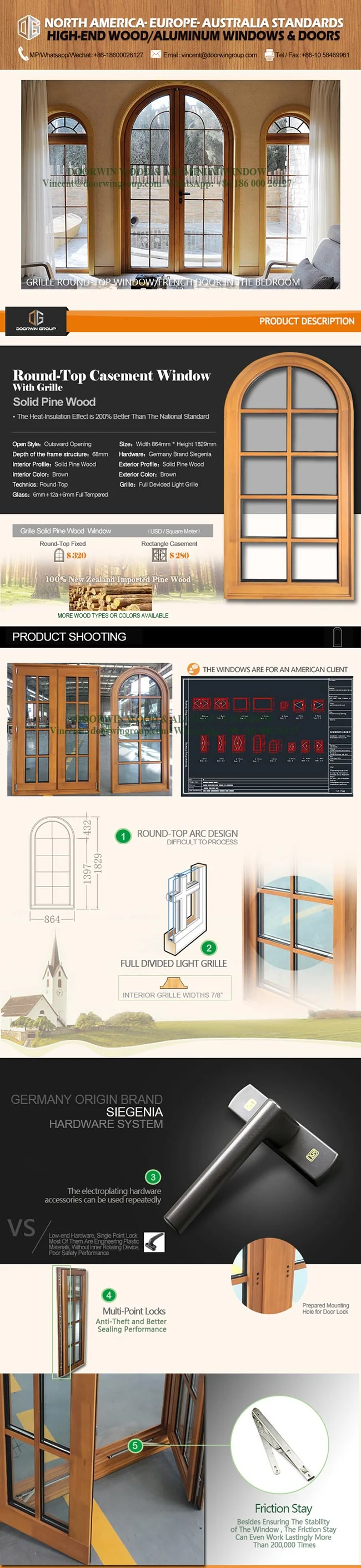 Grille Round-Top Casement Window Solid Pine Wood Larch Wood Window