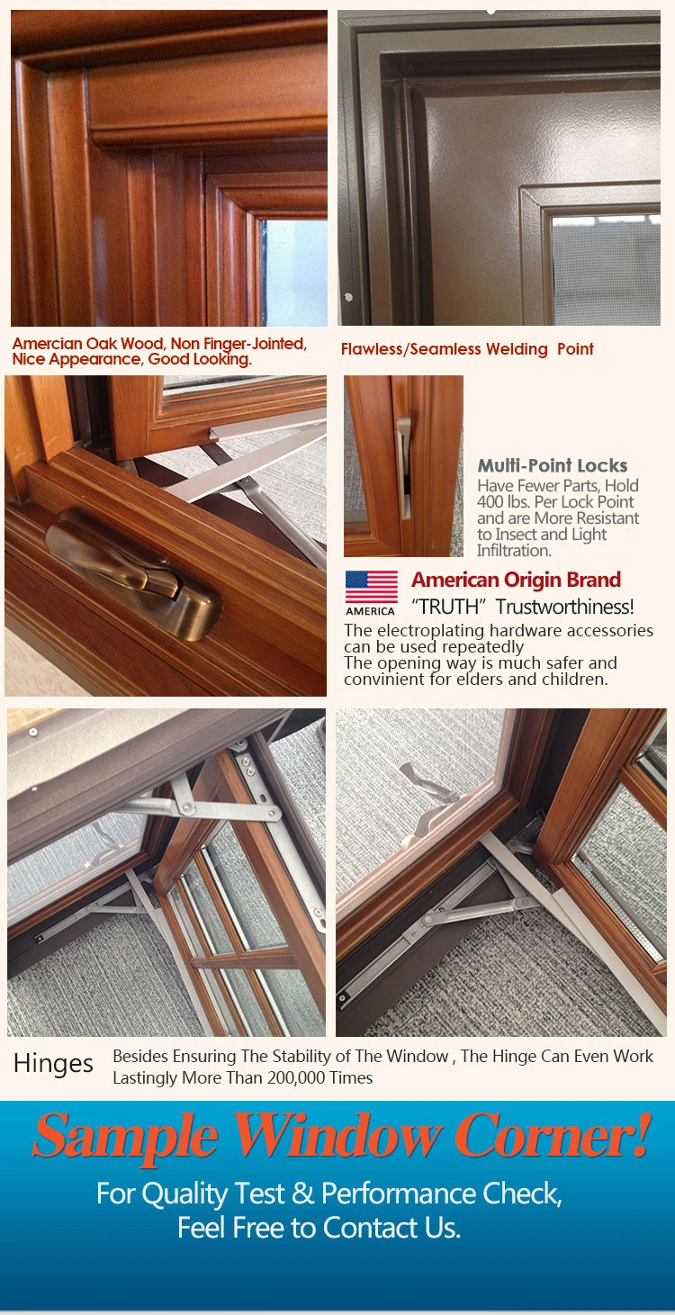 Solid Oak/Teak/Hemlock Wood Casement Windows and Doors with Aluminum Cladding, Durable American Style Window