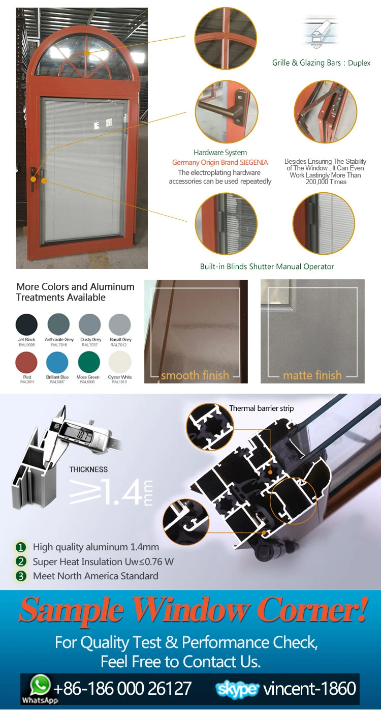 Energy-Saving Wood and Powder Coated Aluminum Tilt and Turn Window Along with Hardware Roto Arched Top Thermal Break Aluminum Window with Built-in Shutter