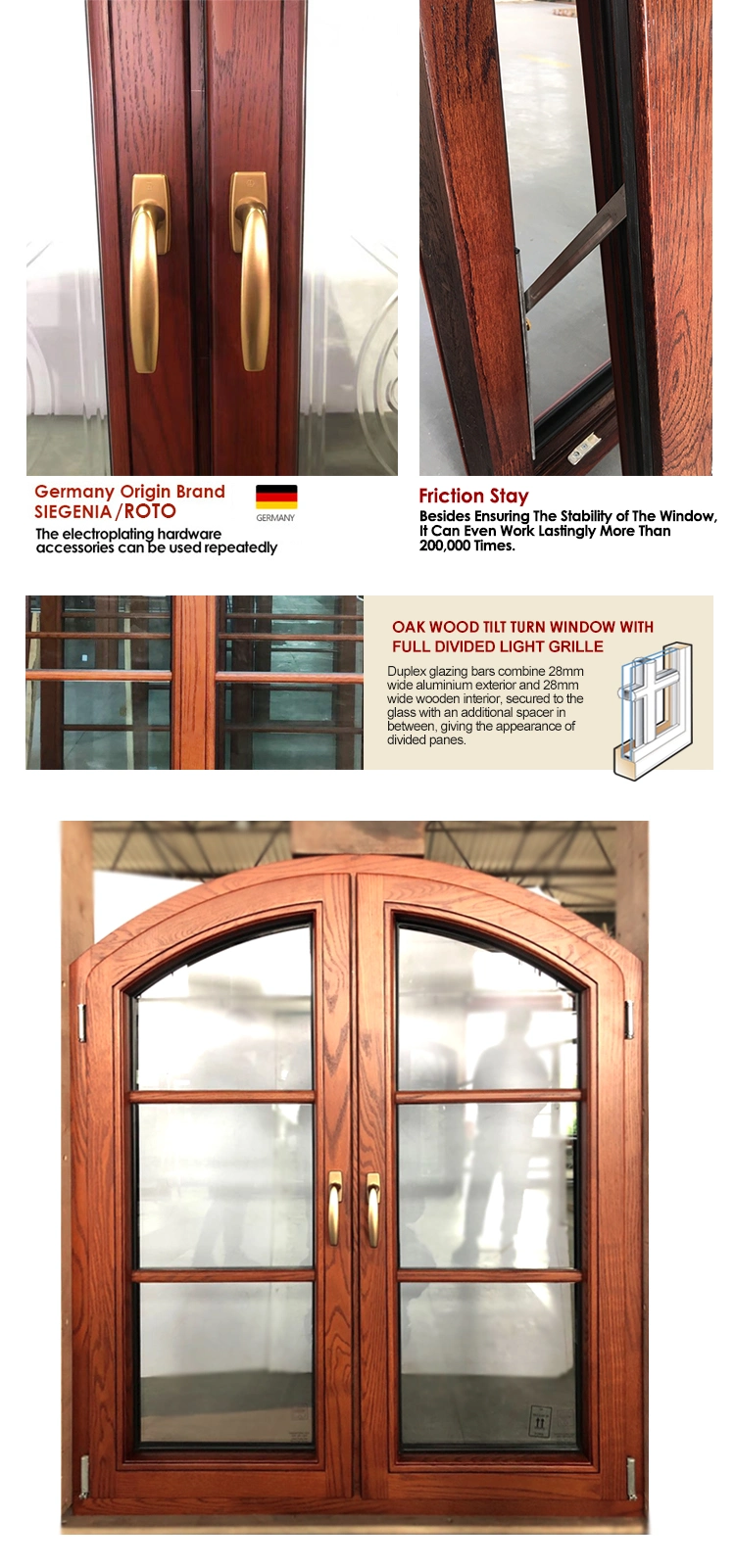 Arched Wooden Pattern Awning Window with Double Glazing Glass Wholesale Oak Wood Window Design