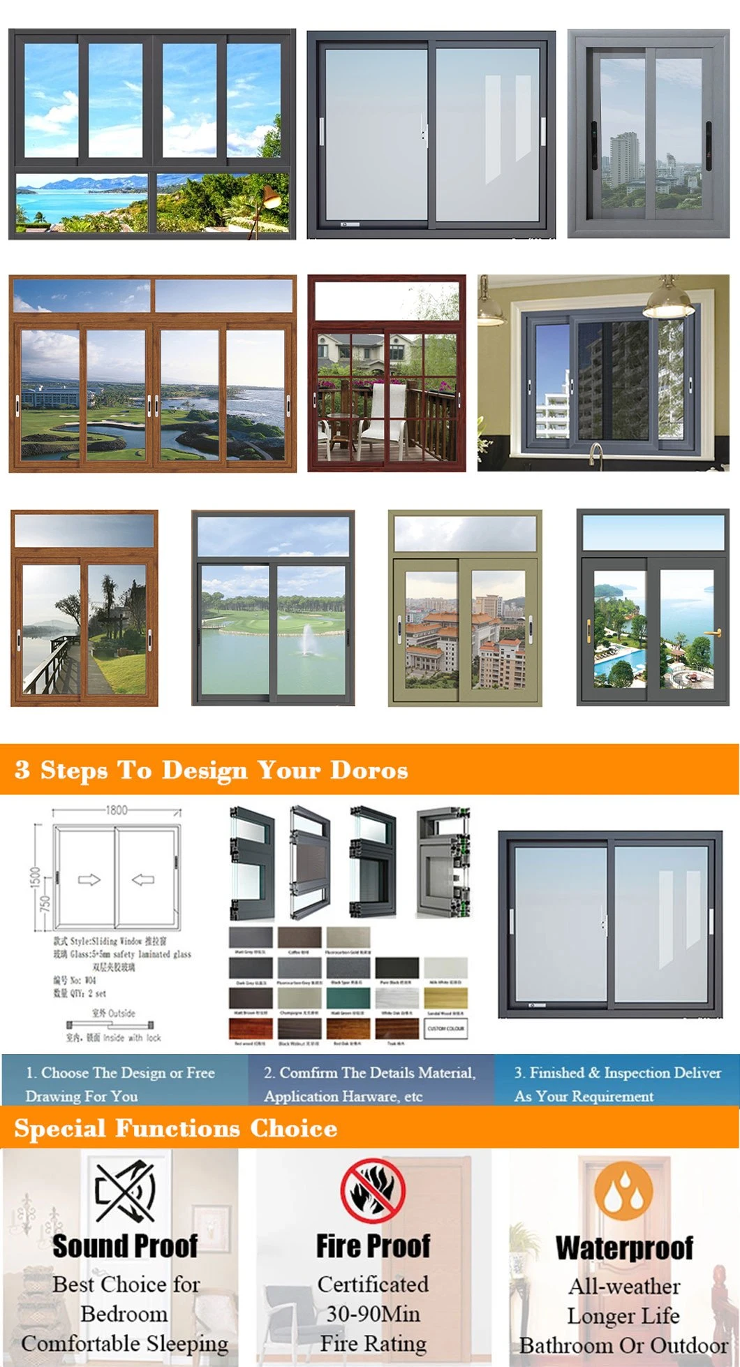 New Design Double Glazed Windows for House Aluminium Toughened Glass Sliding Doors Hurricane Impact Windows