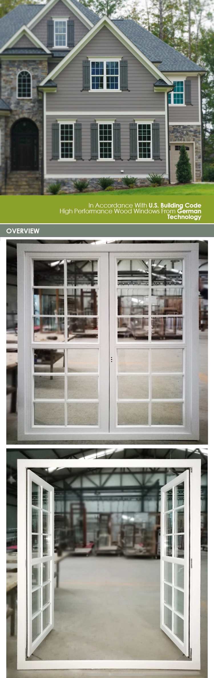 White Pine Wood French Window Simulating Double Hung Window