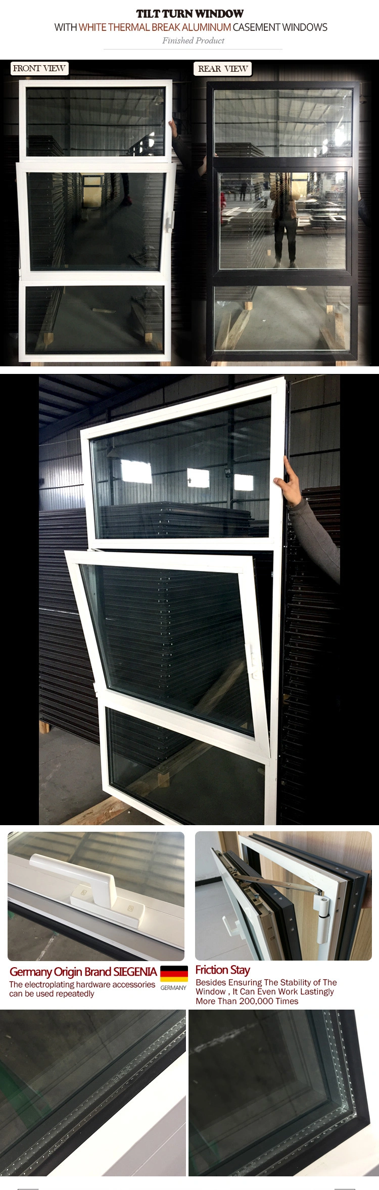 High Quality Inward Opening Thermal Break Aluminum Tilt and Turn Inswing Inward Opening Window with Double Glazing